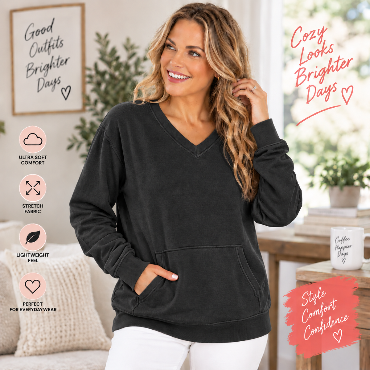 🔥 Pigment-Dyed Cozy Campfire V-Neck Sweatshirt | Soft & Relaxed Everyday Comfort