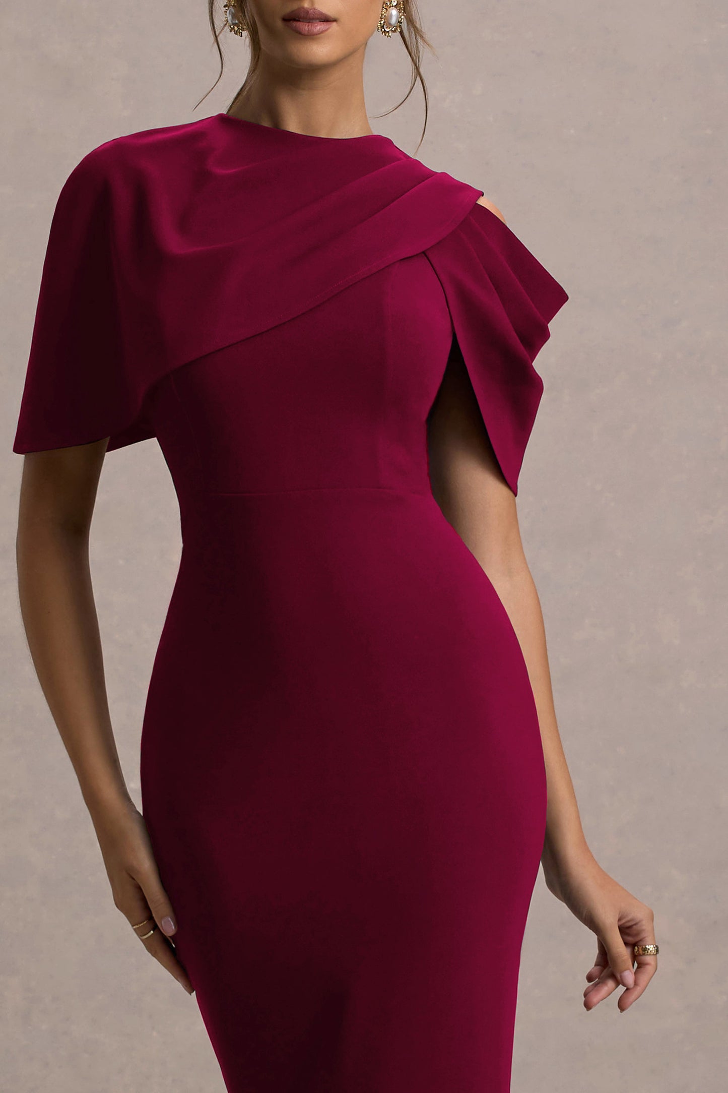 Dorothea | Berry Draped Midi Dress With Cape