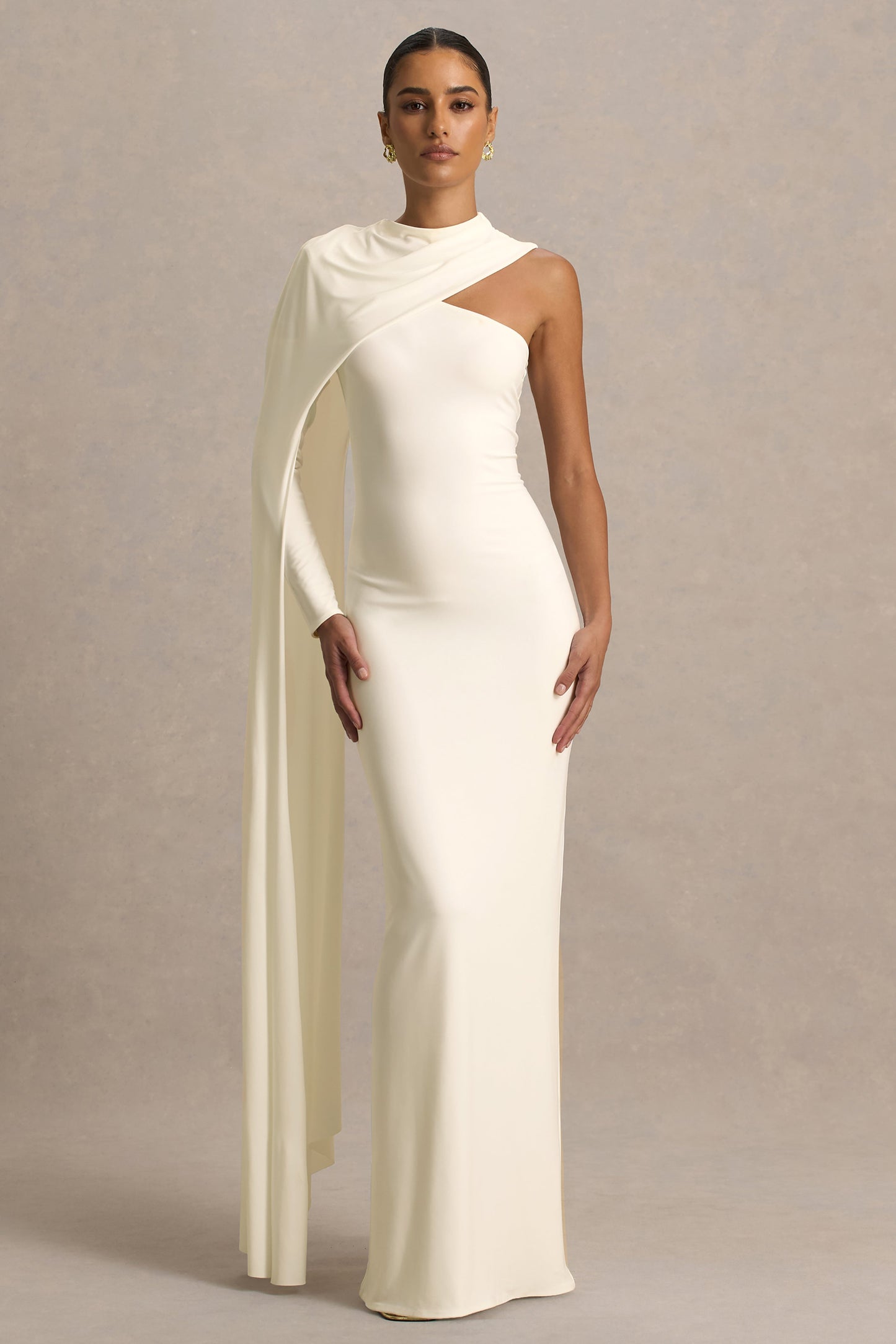 Dawn | Cream High-Neck Maxi Dress With One Long Cape-Sleeve