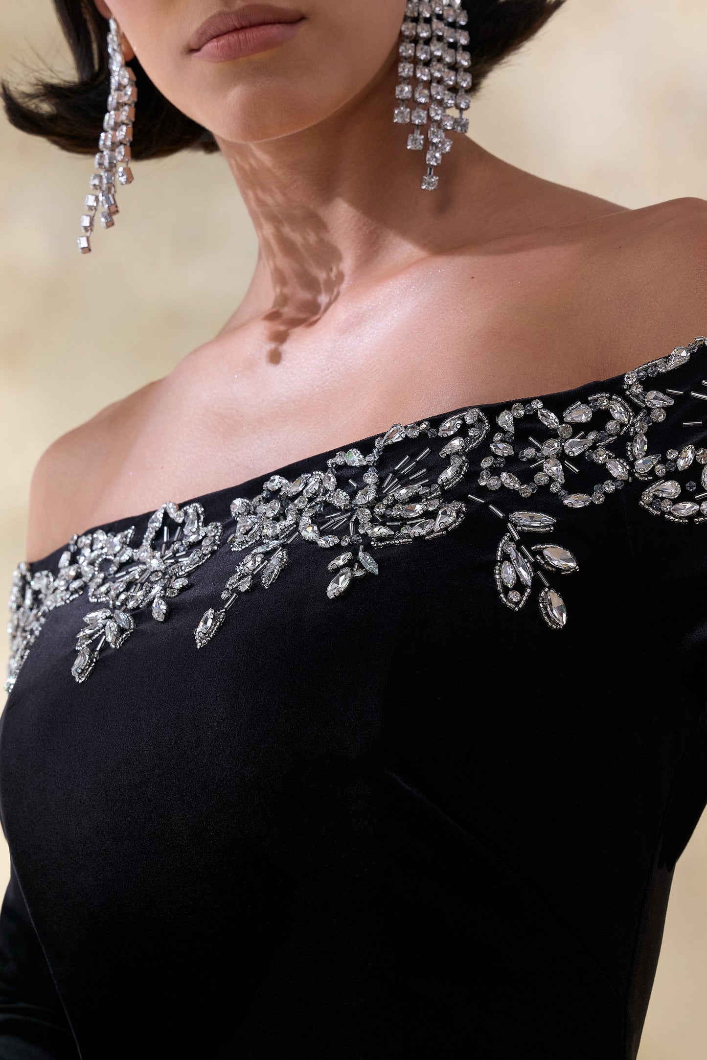 Fern | Black Velvet Embellished Bardot-Neck Maxi Dress