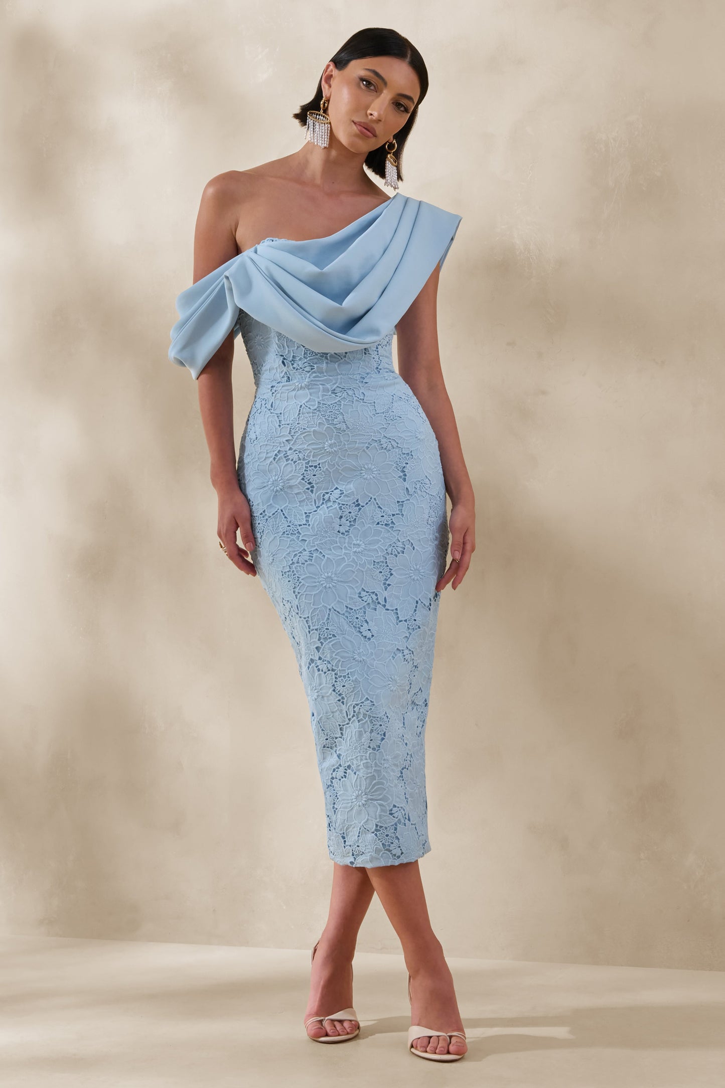 Loria | Powder Blue Lace Asymmetric-Neck Midi Dress With Draped Detailing