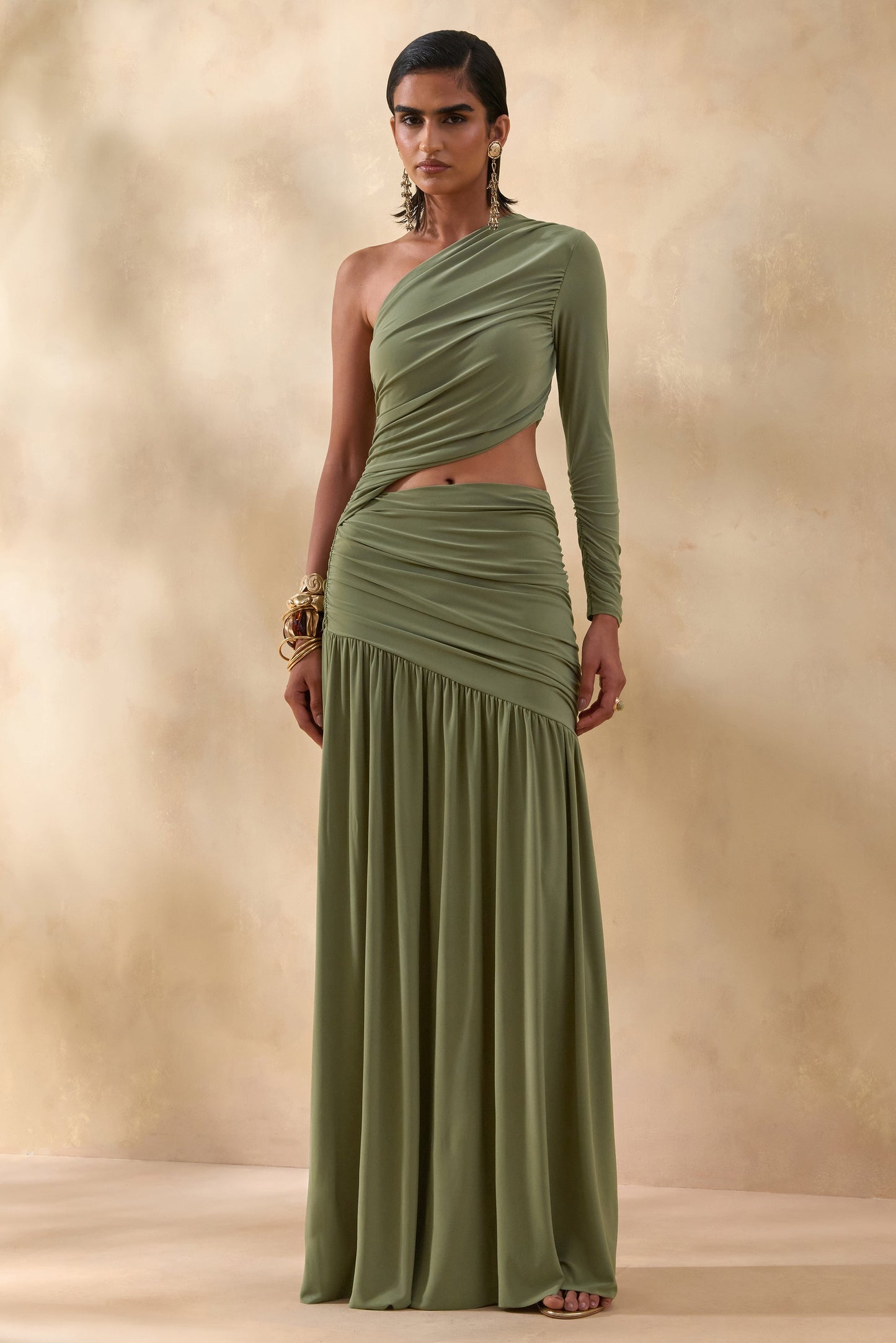 Kinsley | Olive Asymmetric-Neck Maxi Dress With Body Cut-Out Detail