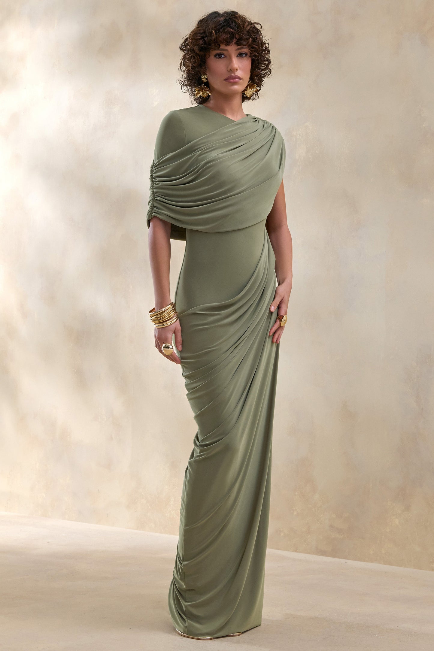 Gisara | Olive High-Neck Maxi Dress With Sash And Draped-Detailing