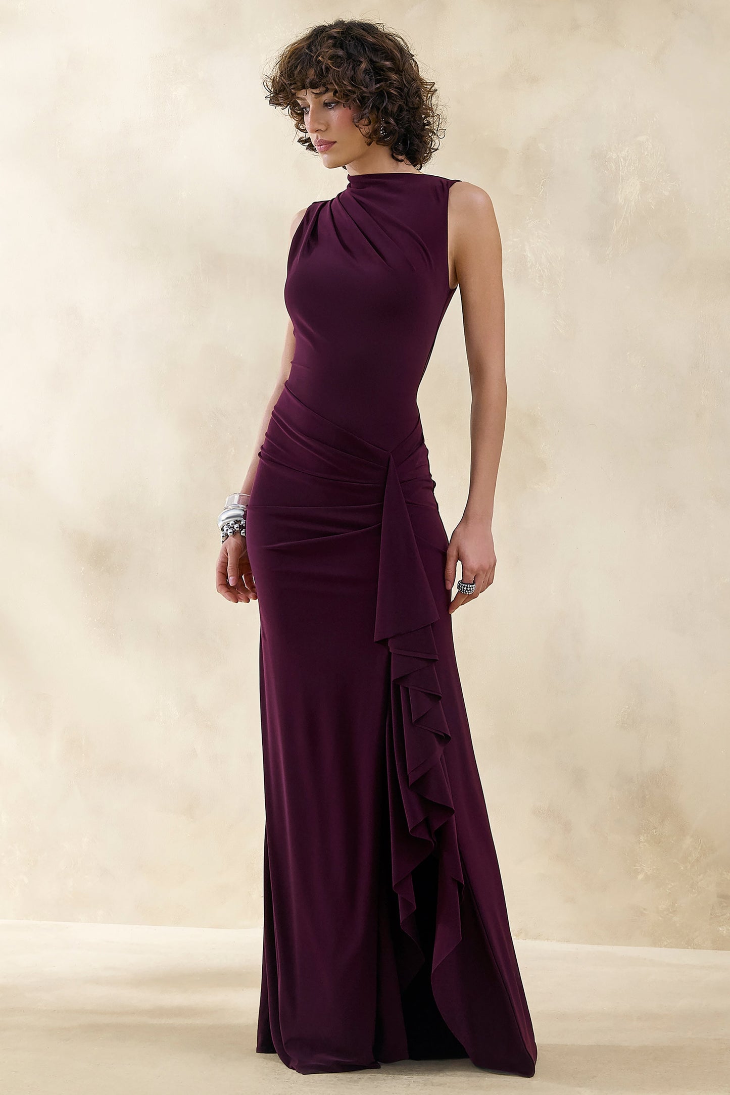 Helessia | Dark Plum Asymmetric-Neck Maxi Dress With Gathered-Detailing And Sash