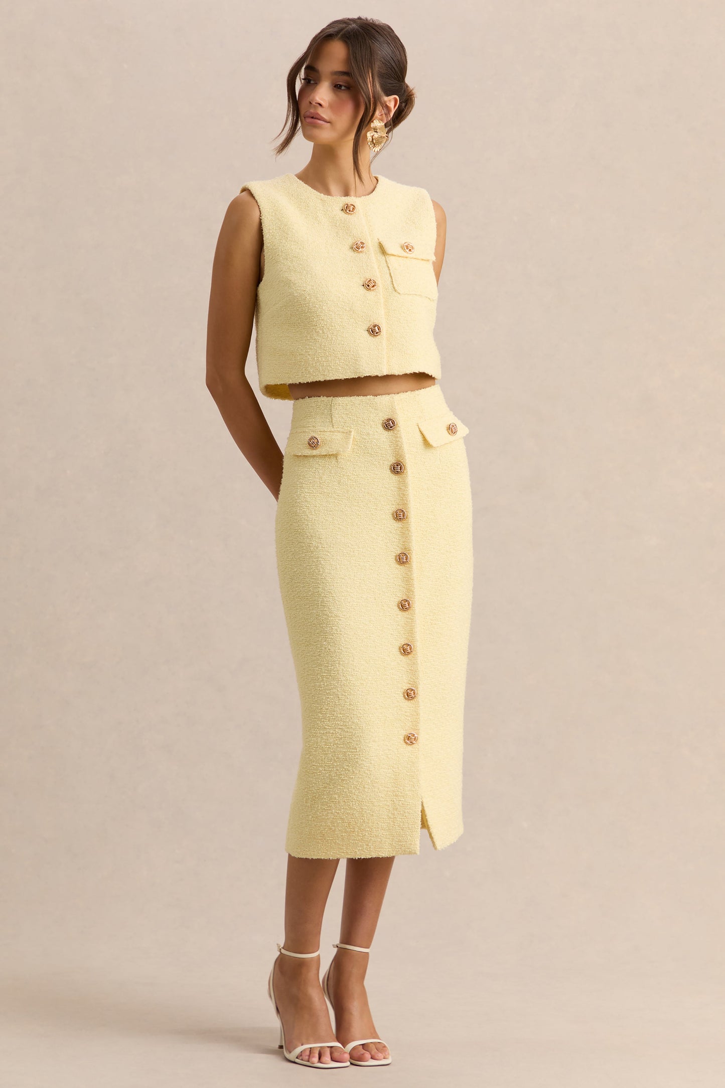 Glyra | Lemon Tailored Midi-Skirt With Button-Detailing