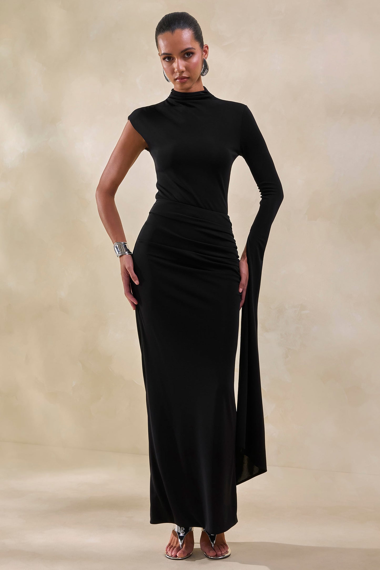 Adessa | Black Asymmetric Waist Ruched Maxi Skirt