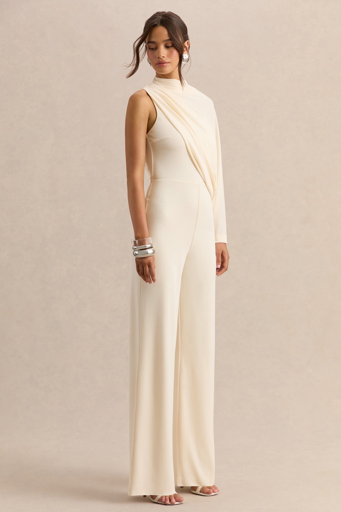 Emoria | Cream High-Neck Jumpsuit With One Long-Sleeve