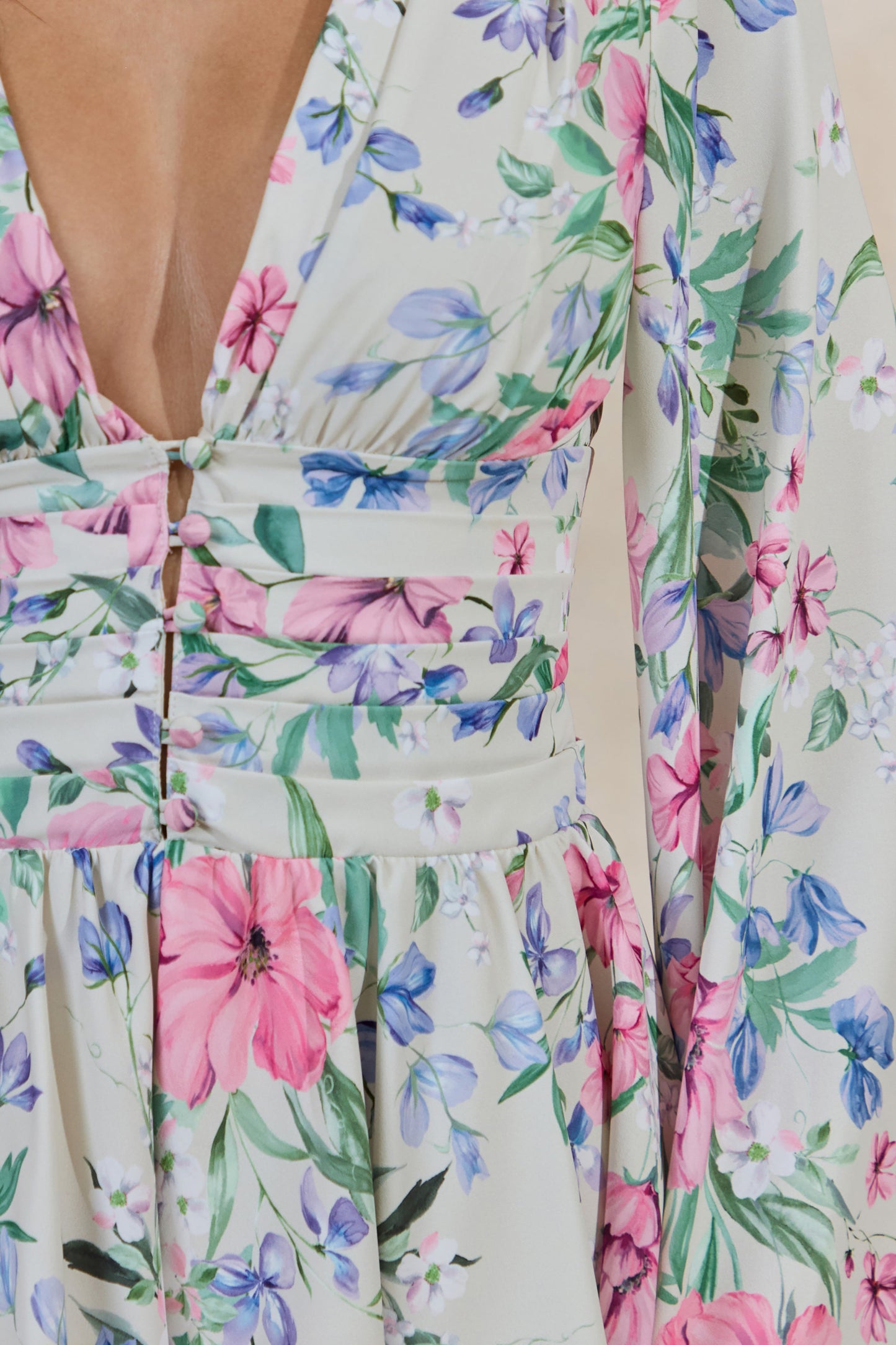 Kismet | Cream Floral Print Plunge-Neck Playsuit With Bell Sleeves