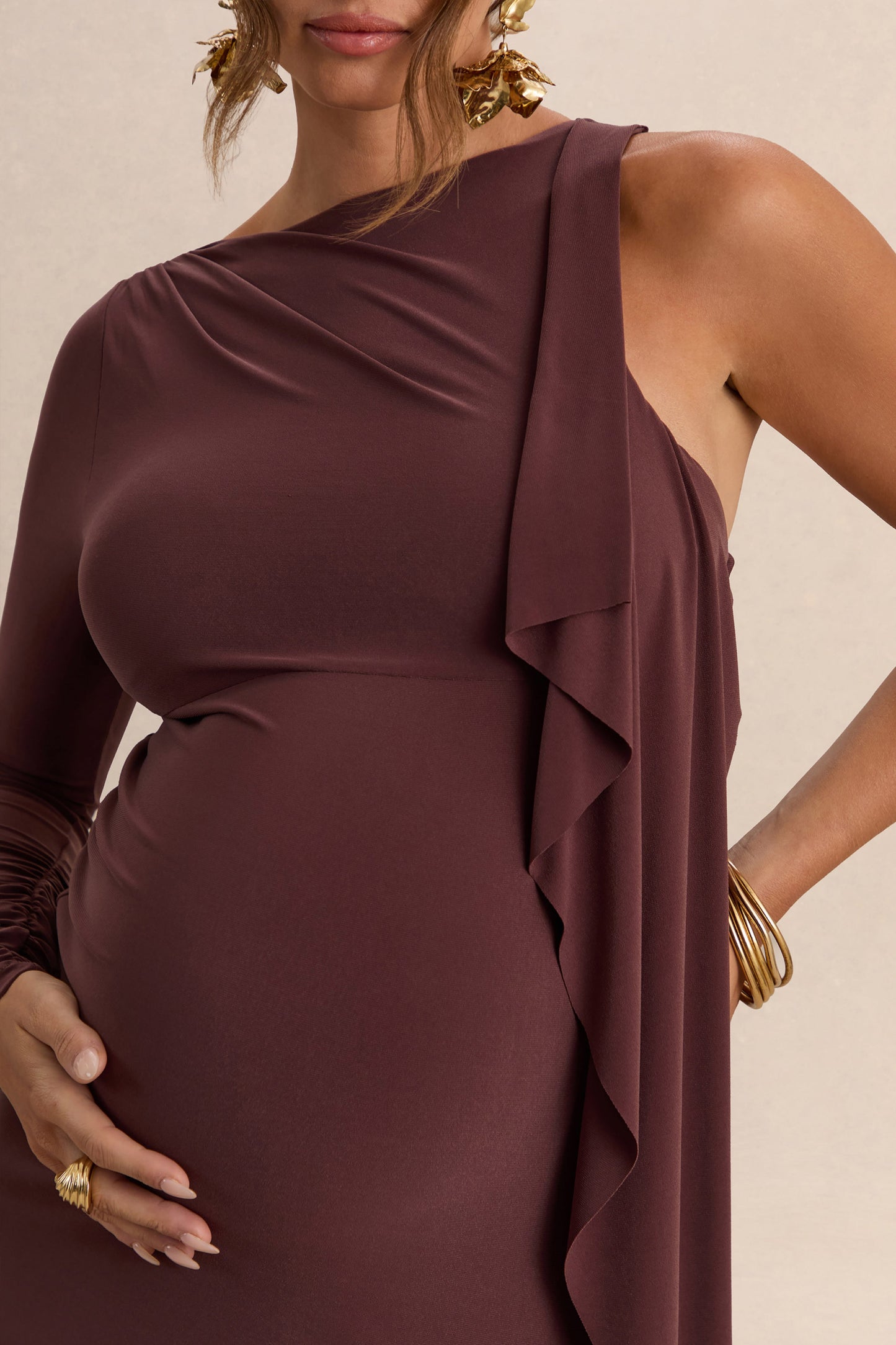 Emanuela | Dark Brown Boat-Neck Maternity Maxi Dress With Sash Detail
