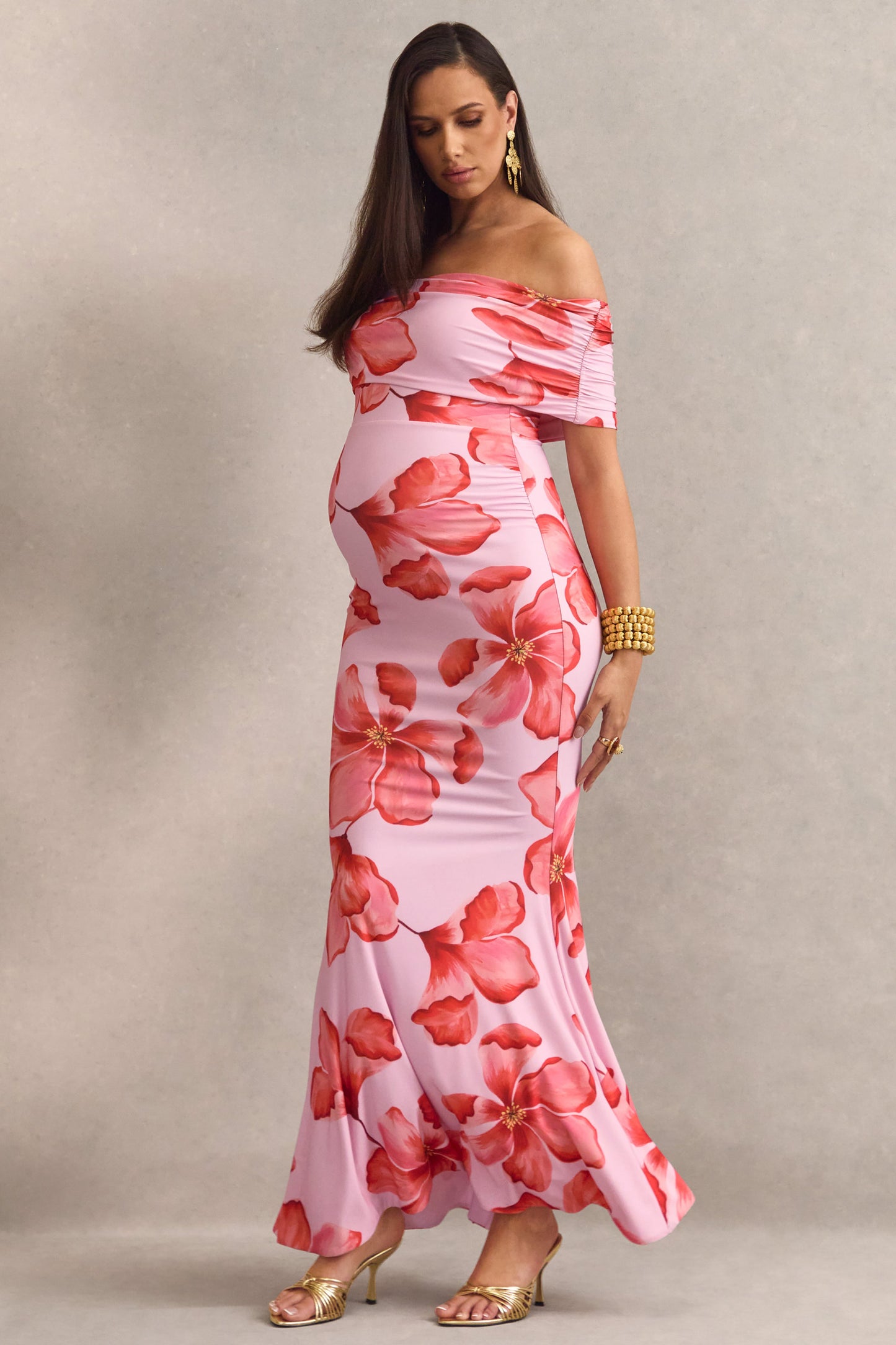 Dalisay | Pink Floral Print Bardot-Neck Maternity Maxi Dress