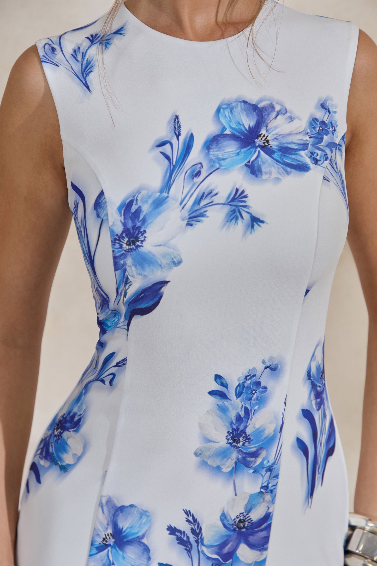 Isalyn | Blue Floral Print Round-Neck Midi Dress With Asymmetric Hemline