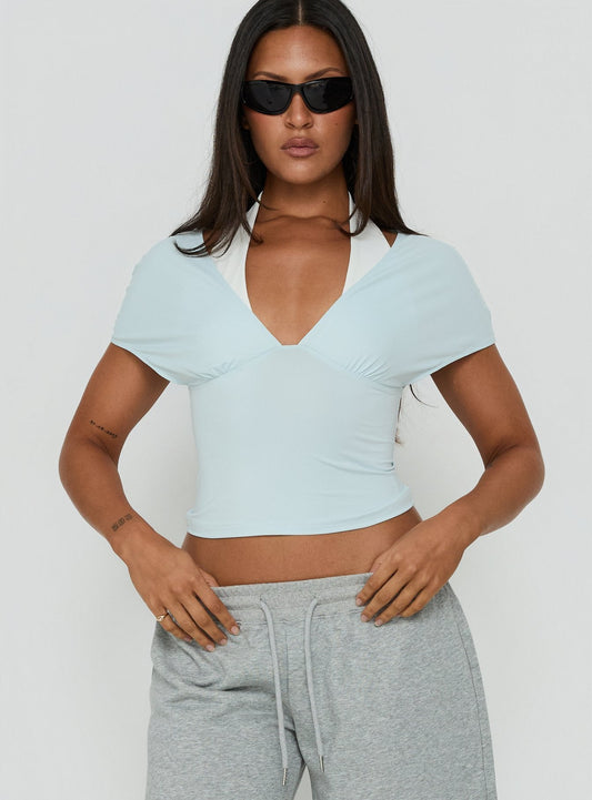 Beea Layered Halter Short Sleeve Top Blue / White