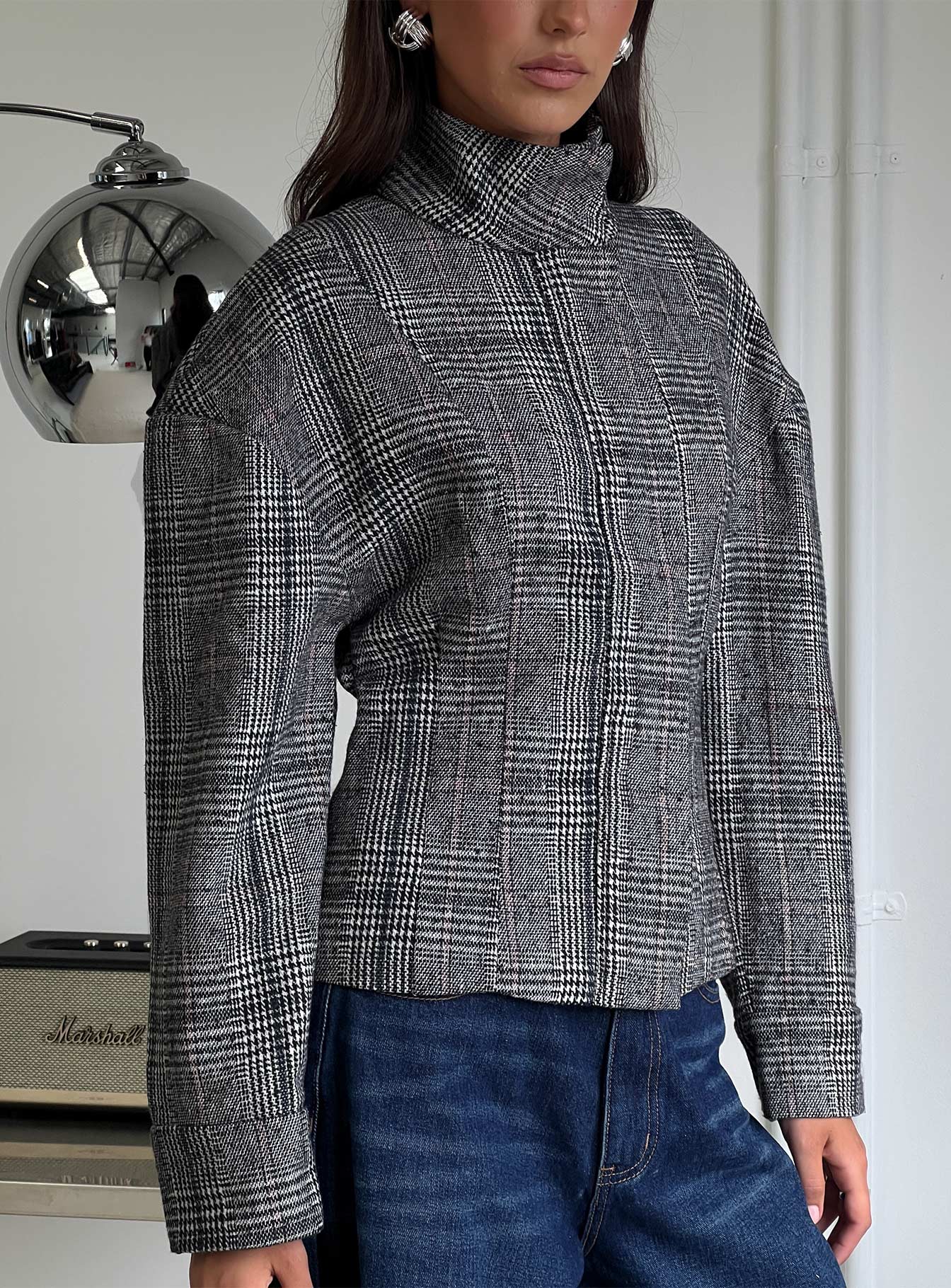 Cathrine Cinched High Neck Jacket Grey Plaid