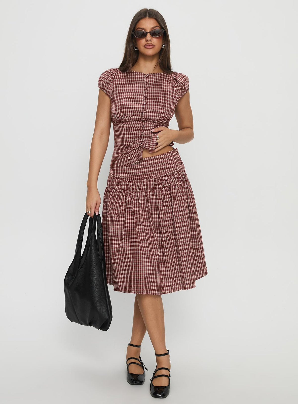 Alixandra Ruched Midi Skirt Red Check