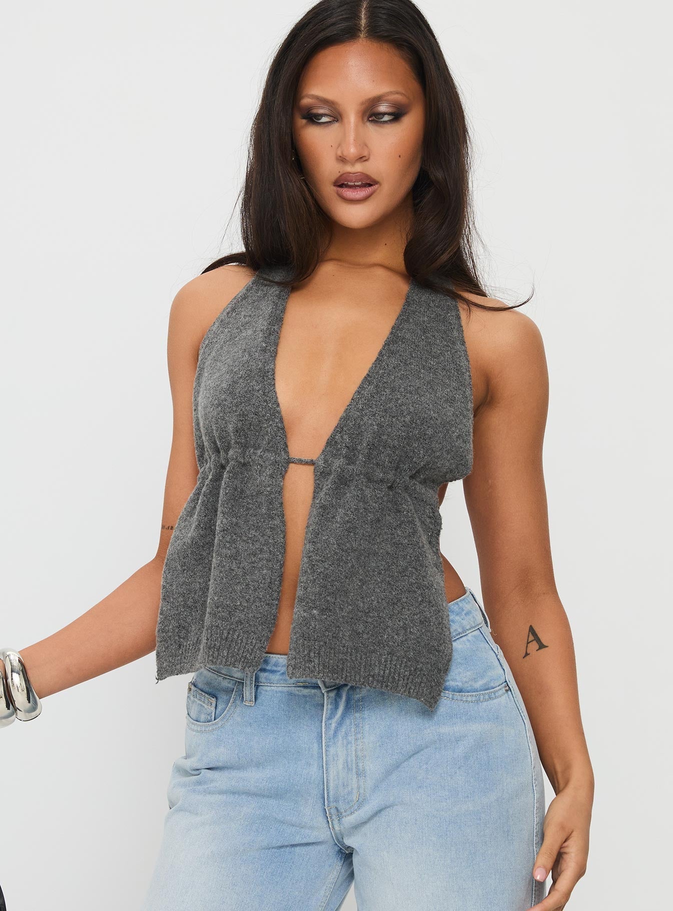 Addilyn Knit Halter Top Dark Grey