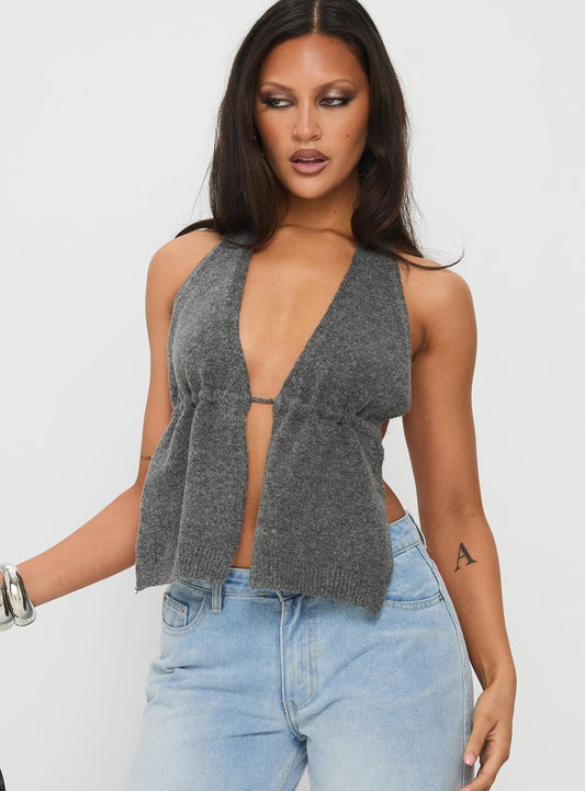 Addilyn Knit Halter Top Dark Grey