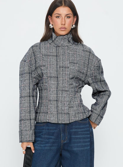 Cathrine Cinched High Neck Jacket Grey Plaid