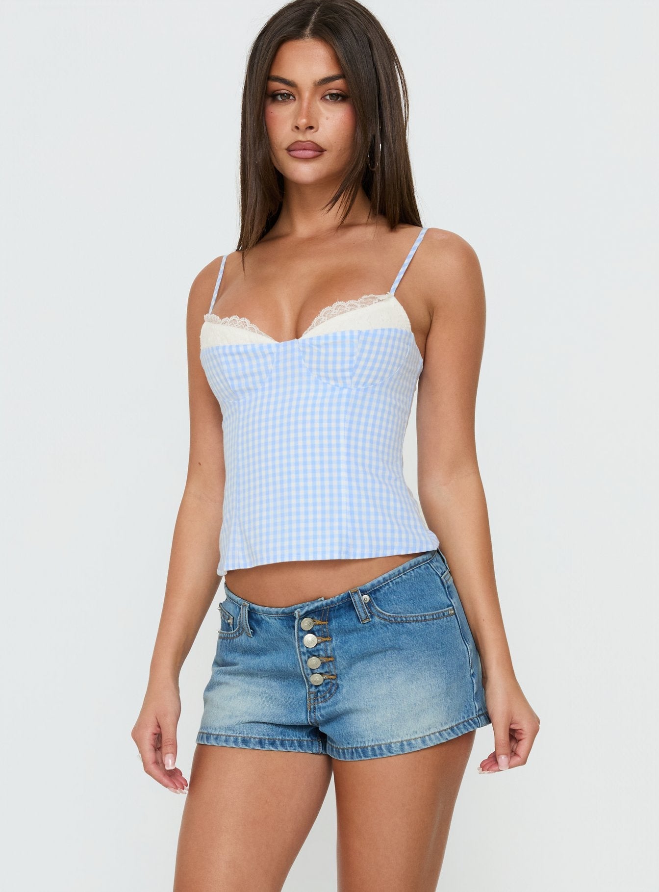 Baby Steps Spliced Bust Detail Cami Top Blue Gingham