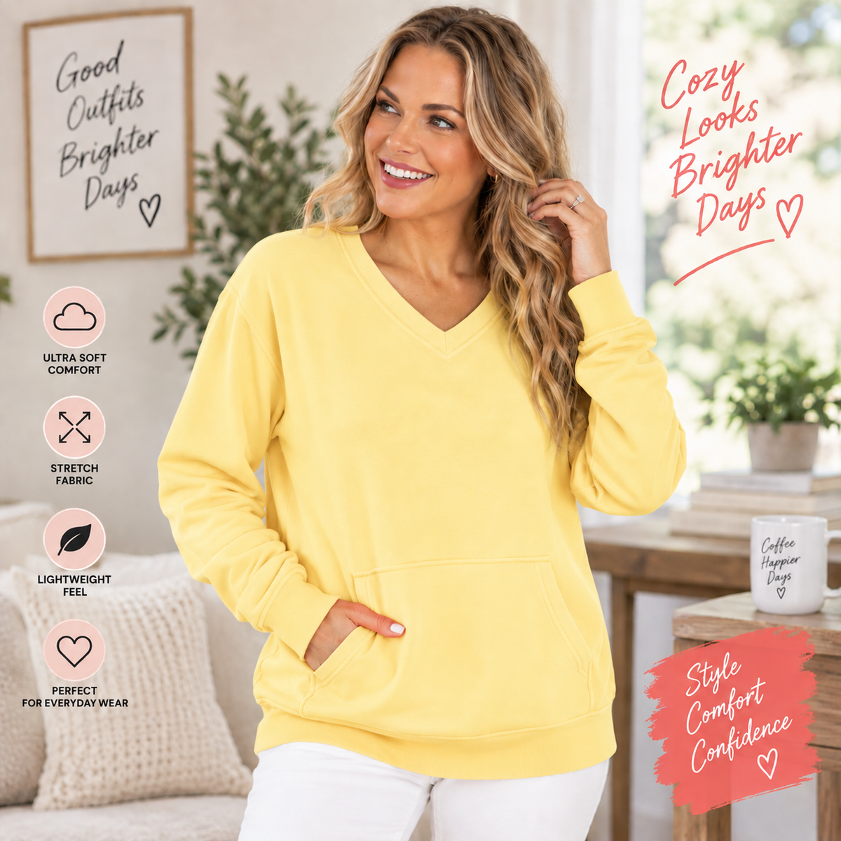 🔥 Pigment-Dyed Cozy Campfire V-Neck Sweatshirt | Soft & Relaxed Everyday Comfort