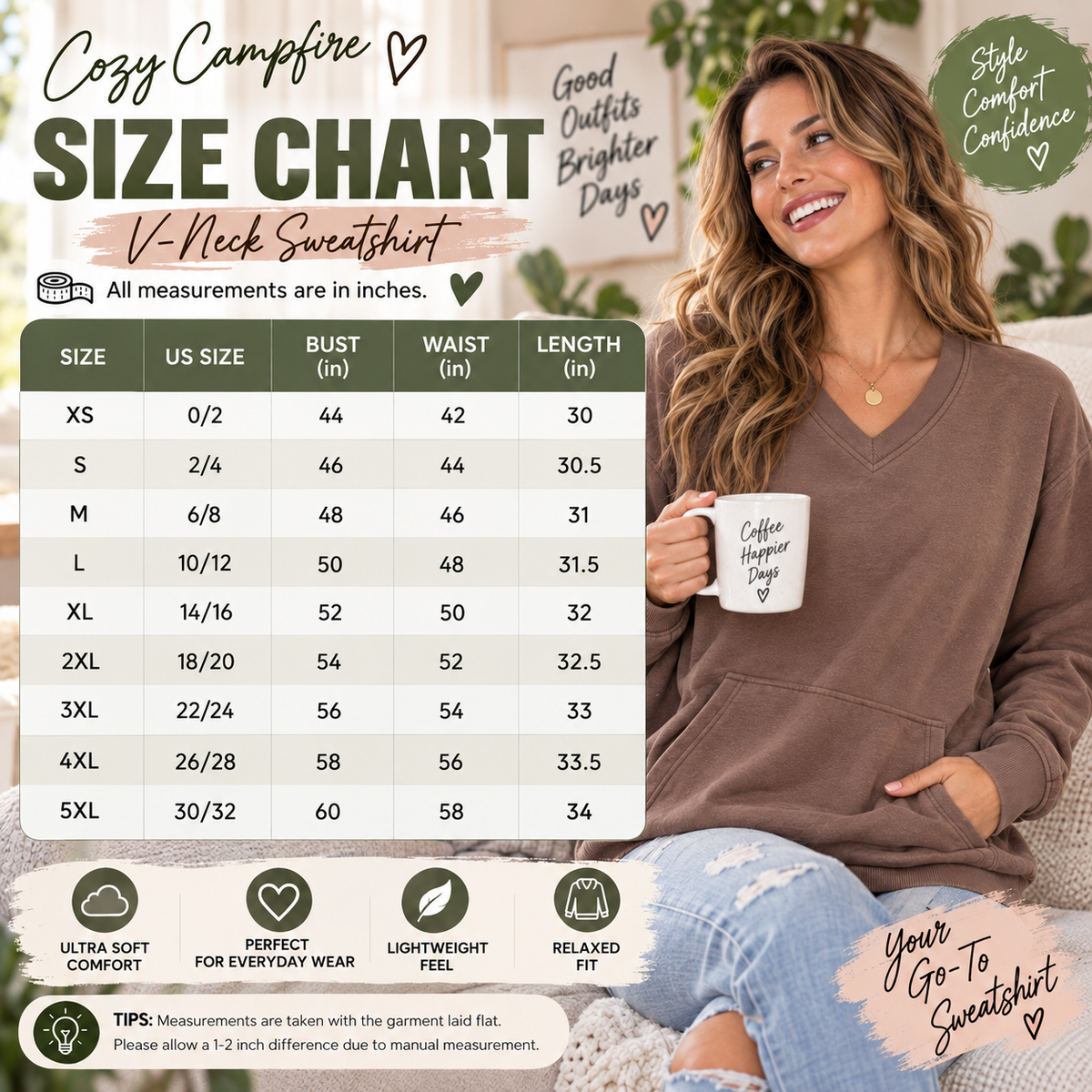 🔥 Pigment-Dyed Cozy Campfire V-Neck Sweatshirt | Soft & Relaxed Everyday Comfort