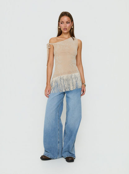 Astada One Shoulder Fringe Top Beige Floral