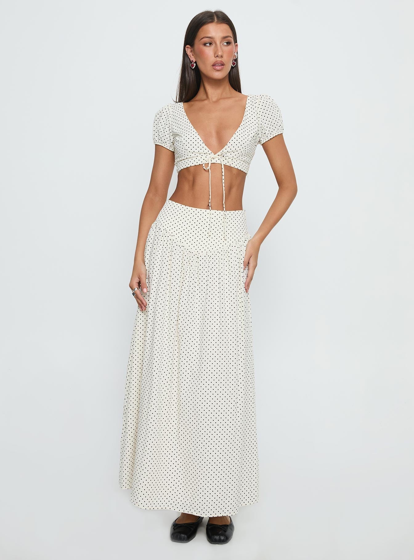 Alletta Tie Up Micro Crop Top Cream Polka