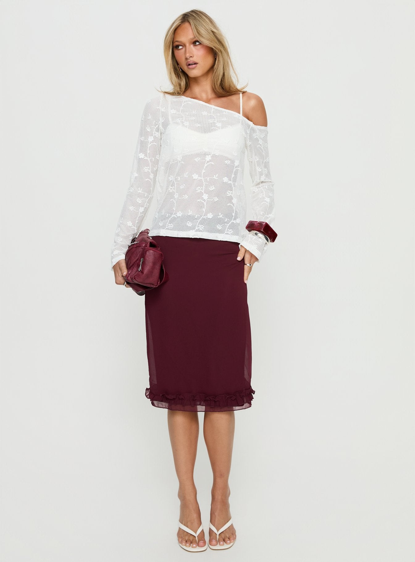Aricella Sheer Off Shoulder Long Sleeve Top White