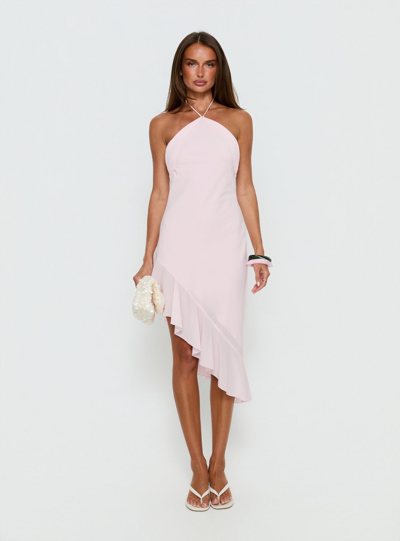 Anakaia Halter Asymmetrical Midi Dress Pink
