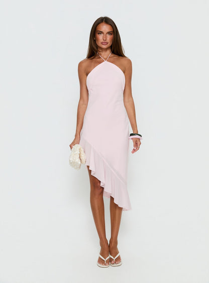 Anakaia Halter Asymmetrical Midi Dress Pink
