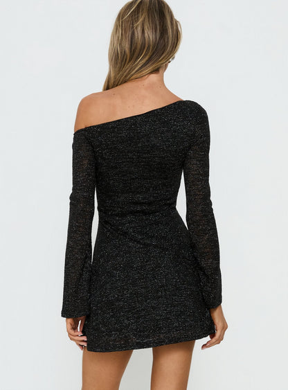 Adrietta Long Sleeve Off Shoulder Mini Dress Black Shimmer