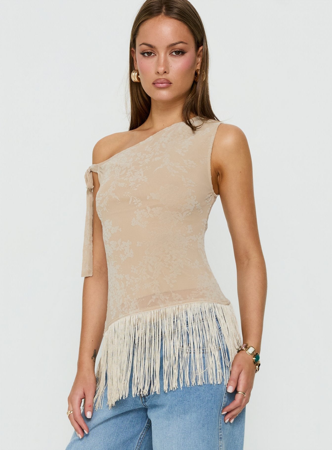 Astada One Shoulder Fringe Top Beige Floral