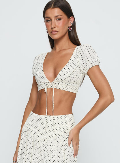 Alletta Tie Up Micro Crop Top Cream Polka