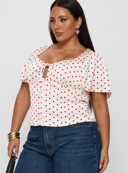 Adrienna Flutter Blouse White / Red Curve