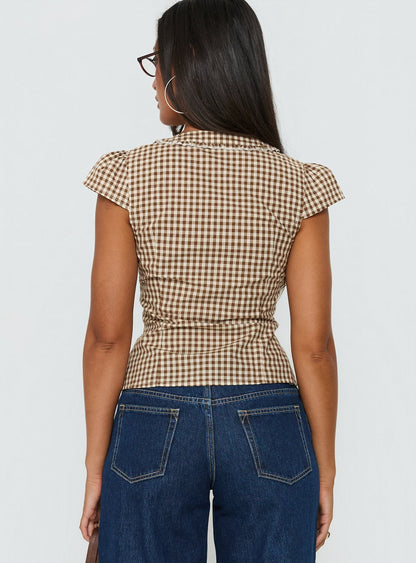 Bradlie Frill Detail Short Sleeve Blouse Top Chocolate Gingham