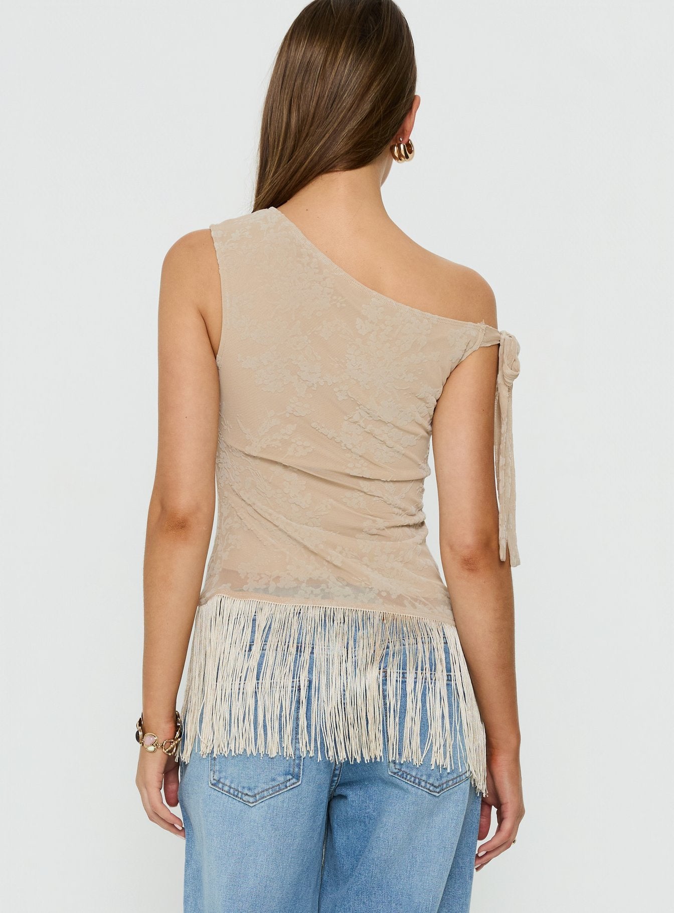 Astada One Shoulder Fringe Top Beige Floral