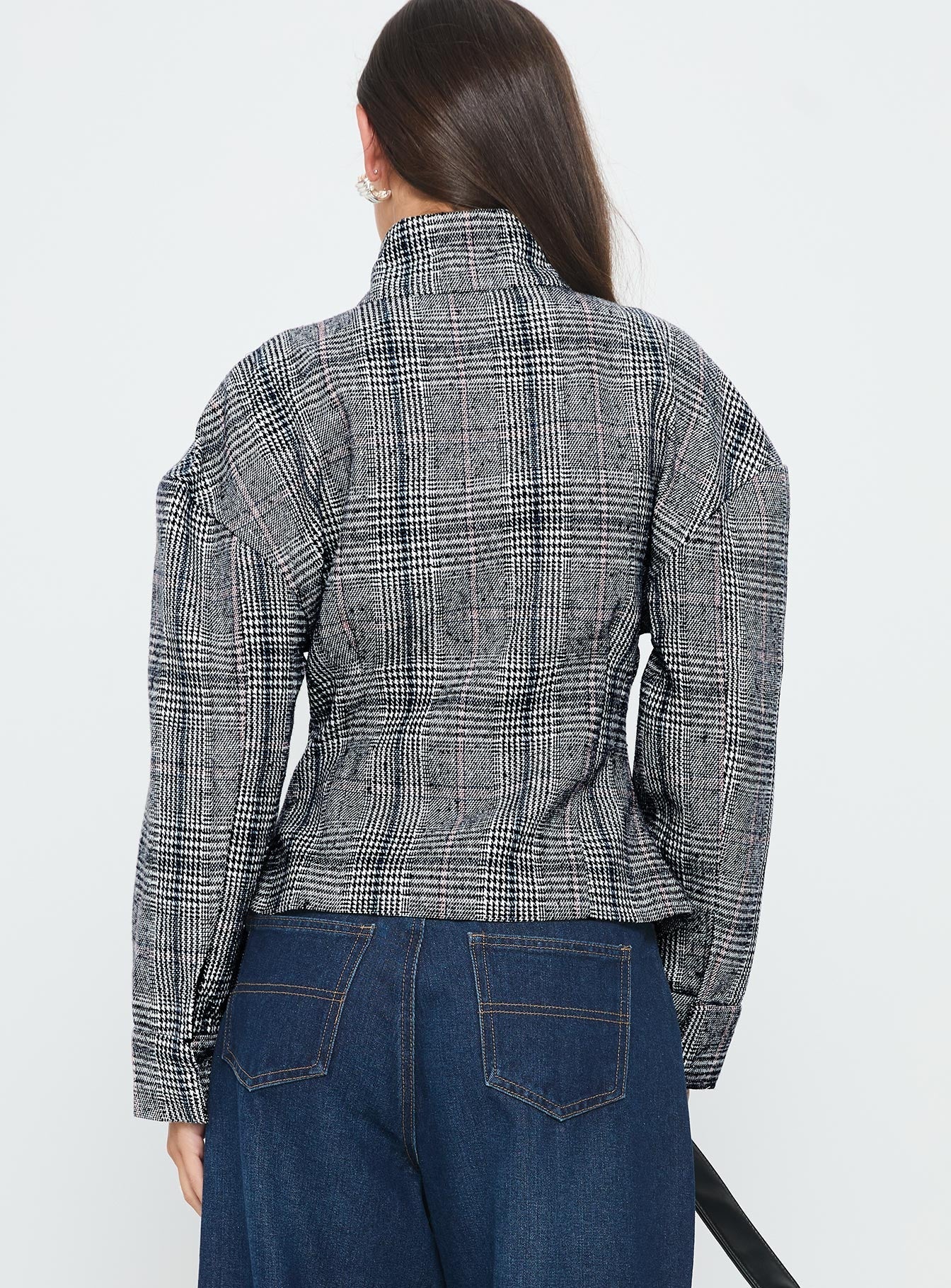 Cathrine Cinched High Neck Jacket Grey Plaid