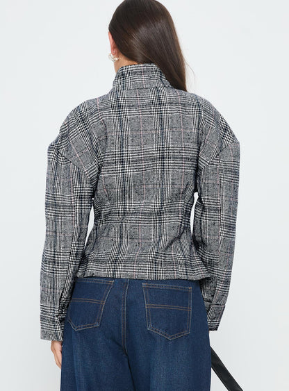Cathrine Cinched High Neck Jacket Grey Plaid