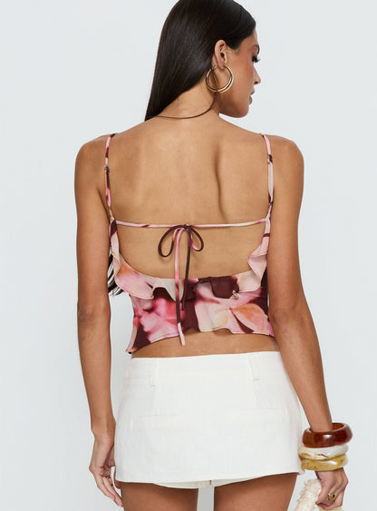 Allissa Chiffon Frill Top Burgundy Floral