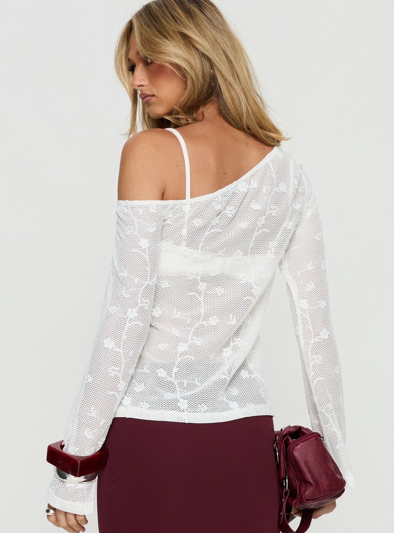 Aricella Sheer Off Shoulder Long Sleeve Top White