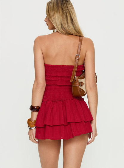 Ayanni Shirred Strapless Mini Romper Red