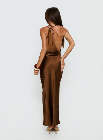 Anjelina Halter Plunge Maxi Dress Chocolate Brown