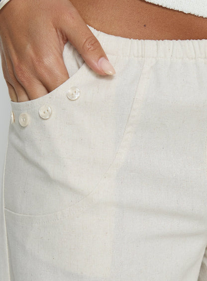 Around The Clock Button Detail Mid Rise Wide Leg Pants Cream