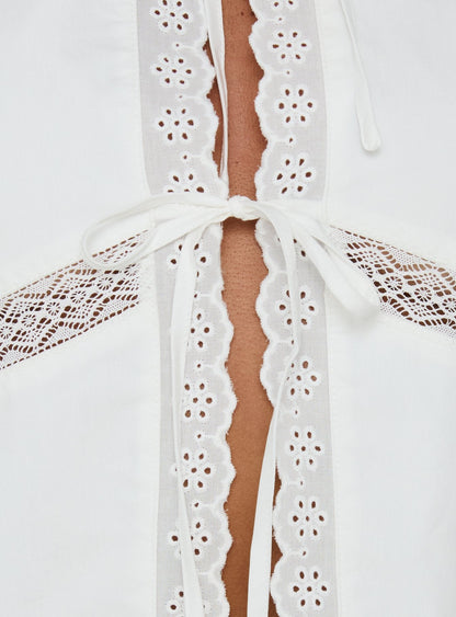 Better Days Tie Front Lace Detail Top White