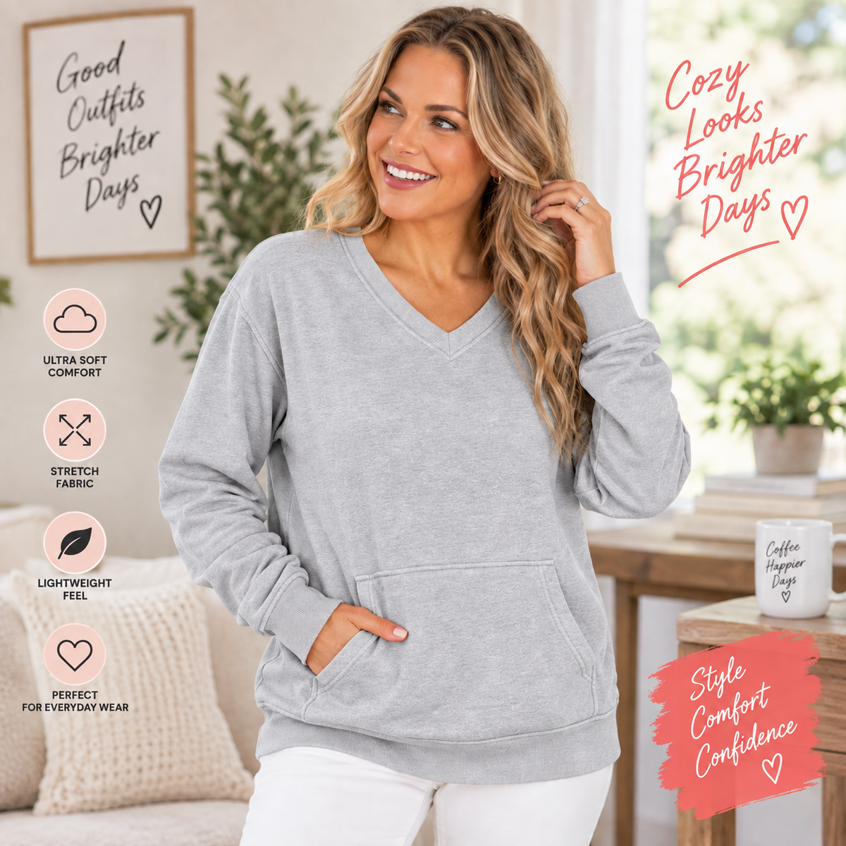 🔥 Pigment-Dyed Cozy Campfire V-Neck Sweatshirt | Soft & Relaxed Everyday Comfort