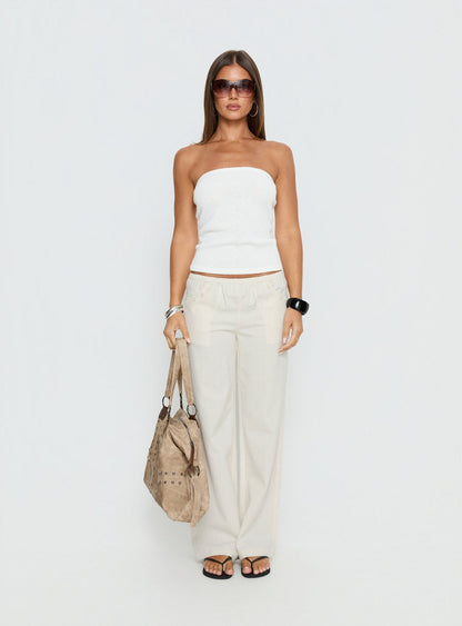 Around The Clock Button Detail Mid Rise Wide Leg Pants Cream