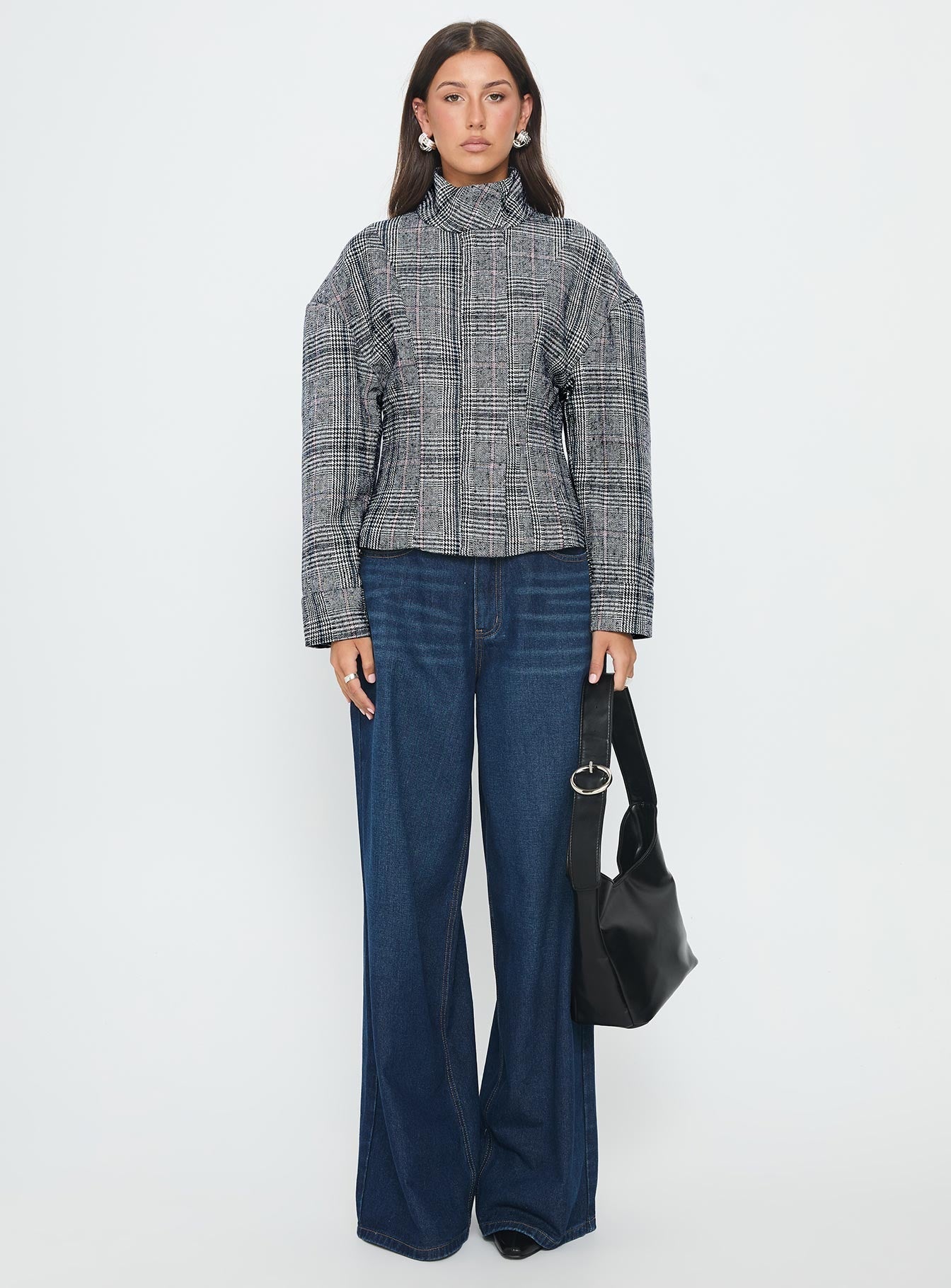 Cathrine Cinched High Neck Jacket Grey Plaid