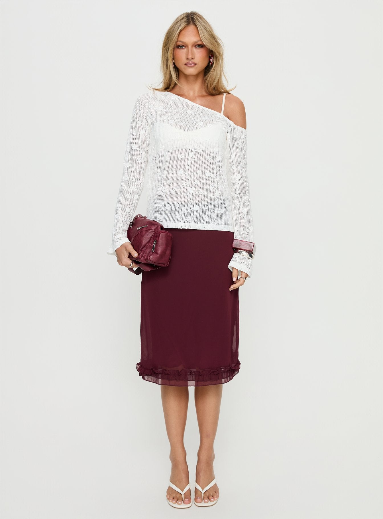 Aricella Sheer Off Shoulder Long Sleeve Top White