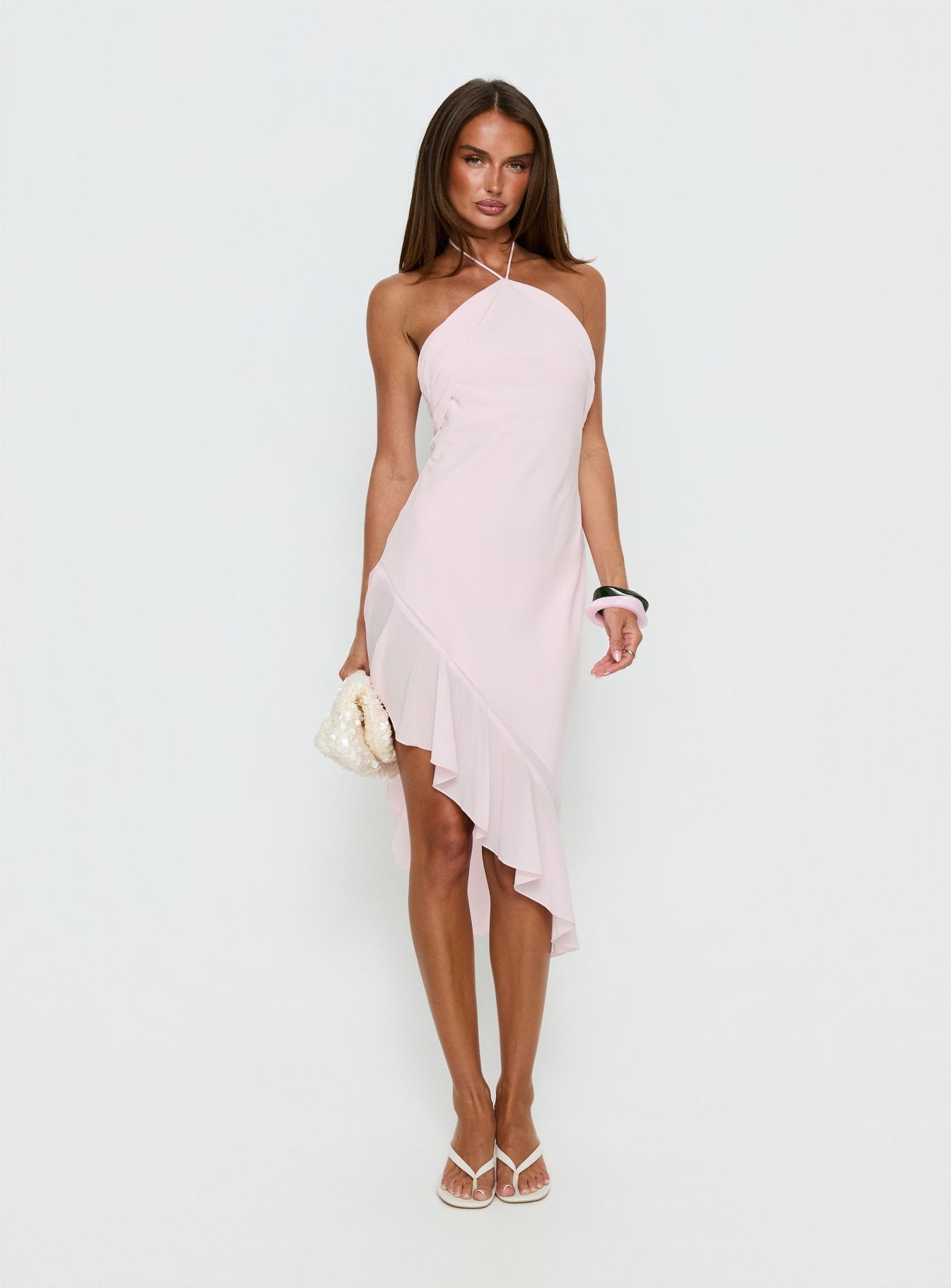 Anakaia Halter Asymmetrical Midi Dress Pink