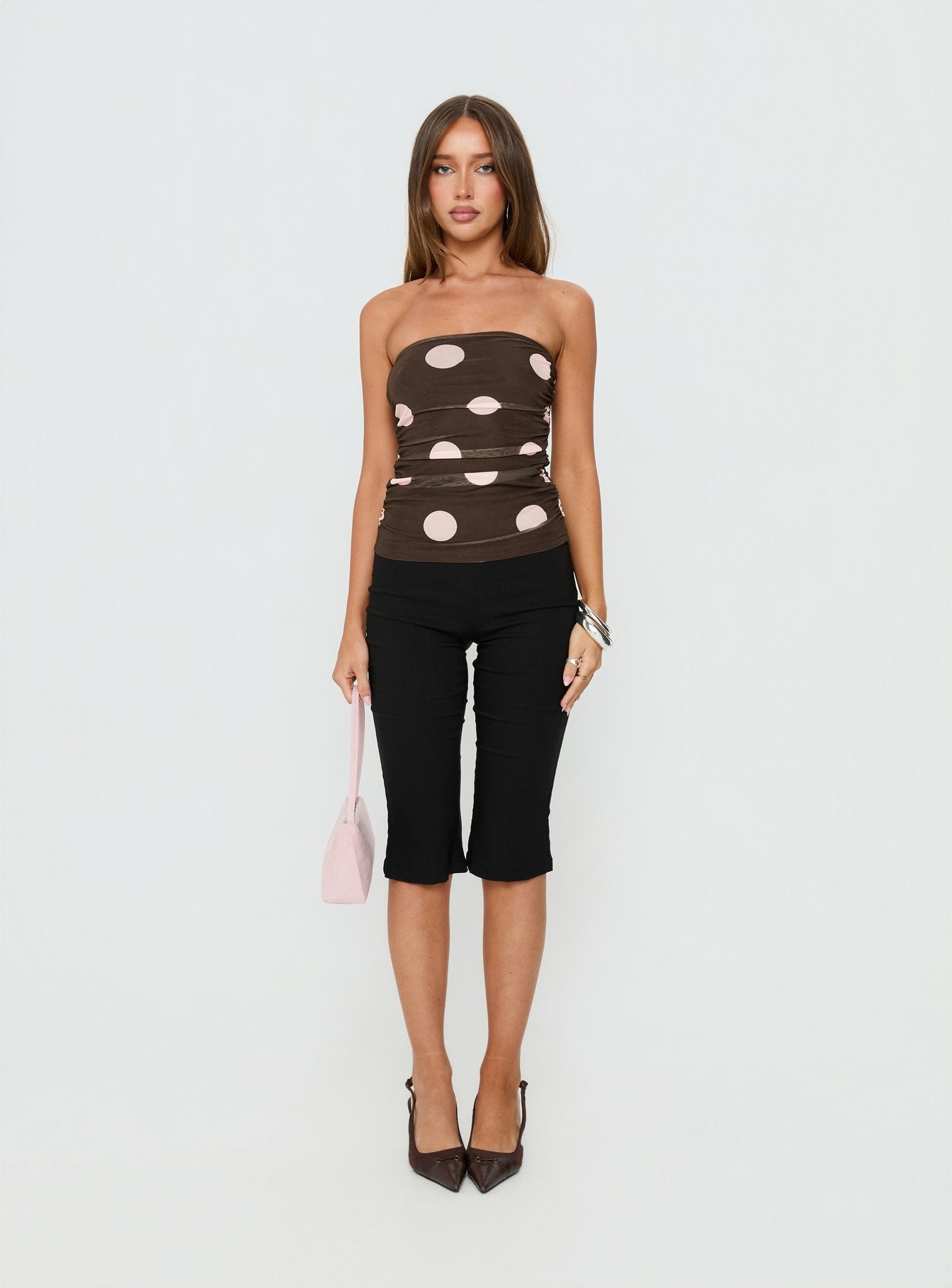 Act Natural Strapless Top Brown / Pink Polka