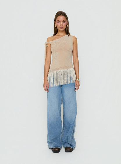 Astada One Shoulder Fringe Top Beige Floral